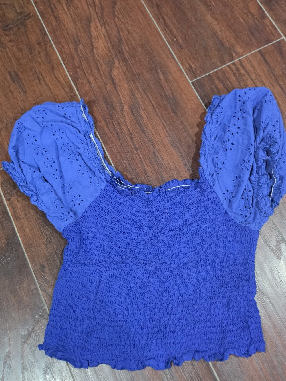 SHEIN Cobalt Smocked Eyelet Puff Sleeve Crop Top